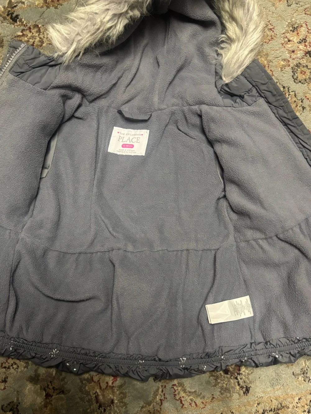 The Children's Place Girls Charcoal Gray Puffer Coat with Fleece Lining